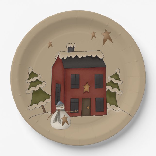 Assiettes En Carton Colonial Rouge Primitif Avec Snowman (Devant)