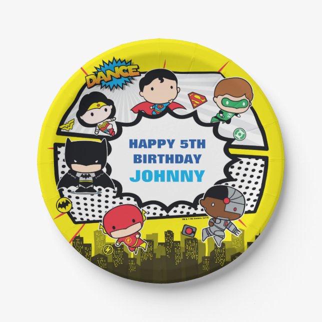 Assiettes En Carton Comics DC | Justice League - Anniversaire de Chibi (Devant)