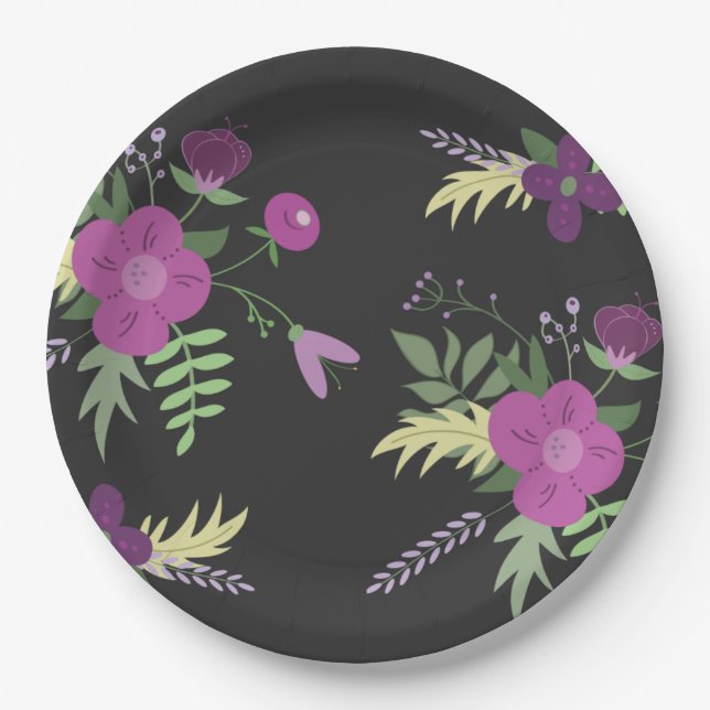 Assiettes En Carton Conception de fleurs violettes et noires (Devant)