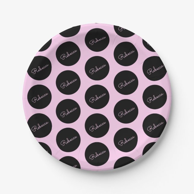 Assiettes En Carton Conception de points Polka Noir et Rose rétro-mode (Devant)