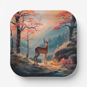 Assiettes En Carton Conception de scène forestière avec cerfs automnal