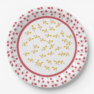 Assiettes En Carton Conception florale de cerise et de fleur jaune