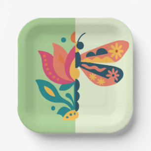Assiettes En Carton Conception graphique d'insecte et de fleur ludique