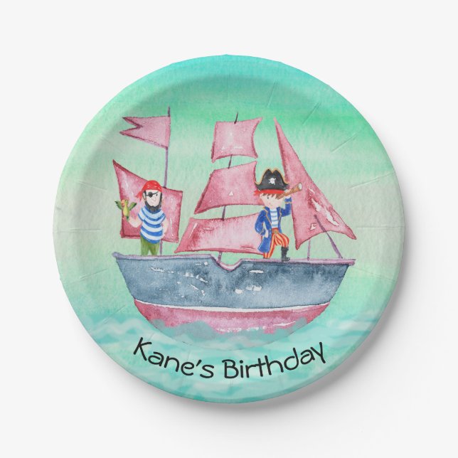 Assiettes En Carton Conception pirate avec navire et pirates (Devant)