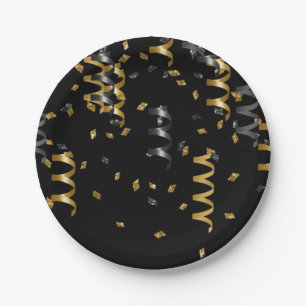 Assiettes En Carton Confetti Black Gold Celebration Moderne Chic Fun