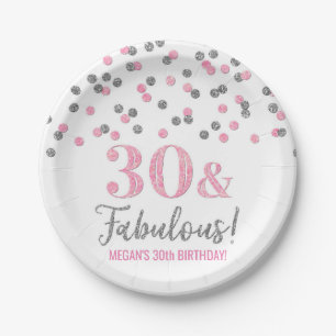 Assiettes En Carton Confetti d'argent rose 30 et fabuleux
