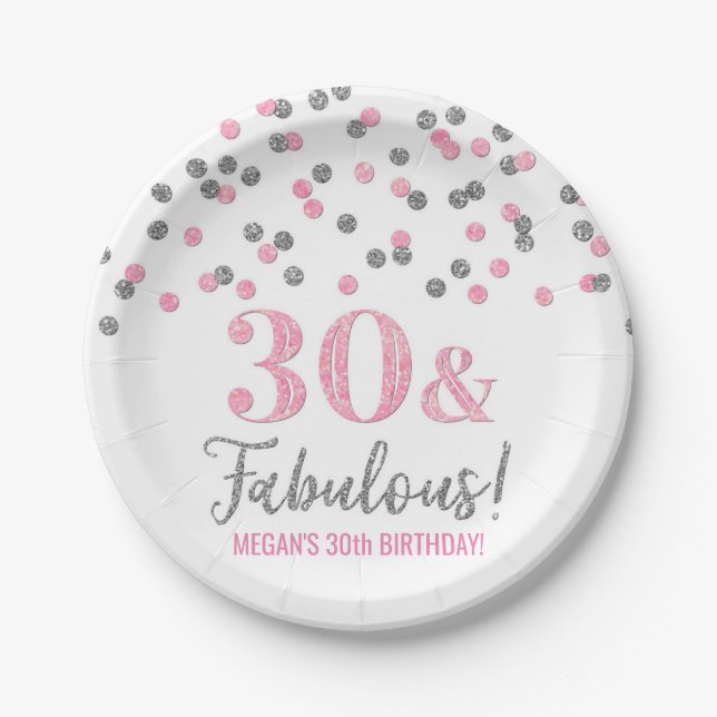 Assiettes En Carton Confetti d'argent rose 30 et fabuleux (Devant)