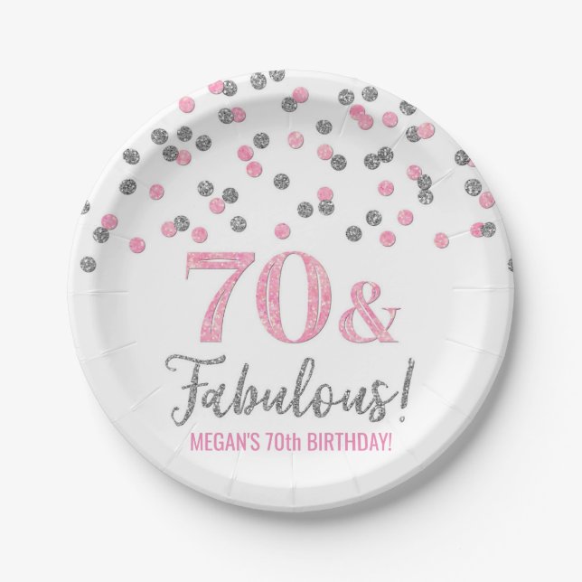 Assiettes En Carton Confetti d'argent rose 70 et fabuleux anniversaire (Devant)