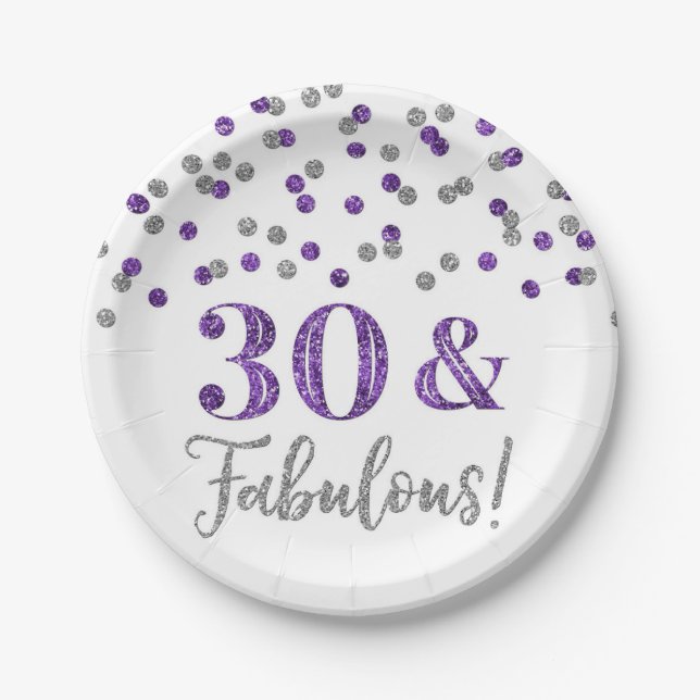 Assiettes En Carton Confetti d'argent violet 30 et fabuleux (Devant)