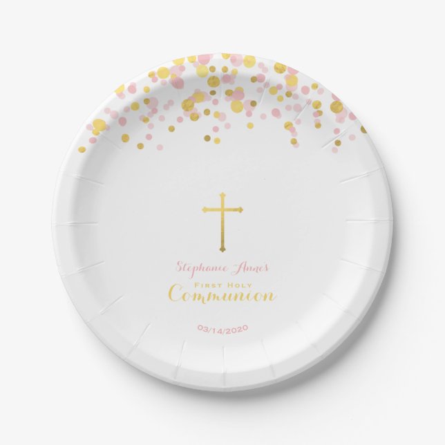 Assiettes En Carton Confetti de communion rose et or (Devant)