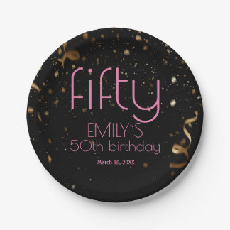 Assiettes En Carton Confetti d'or noir moderne 50e anniversaire