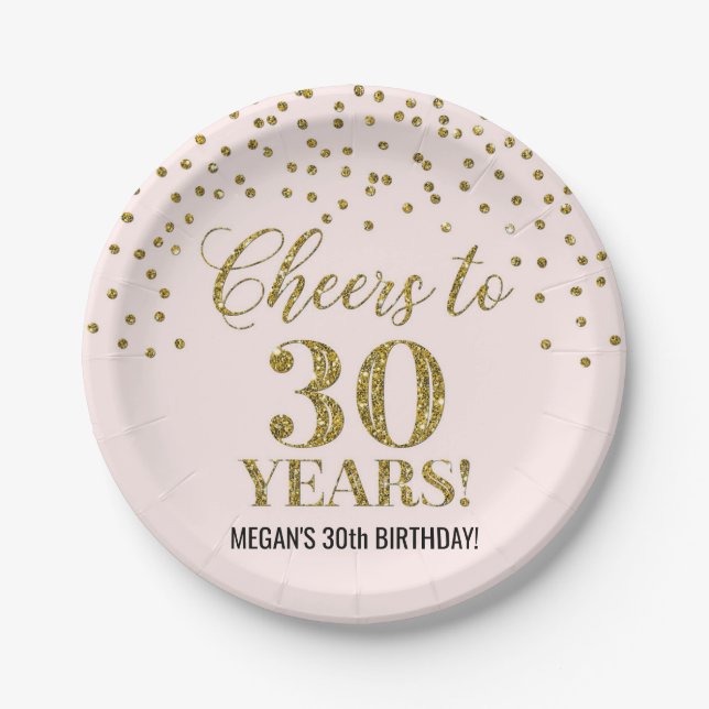 Assiettes En Carton Confetti d'or rose : 30 ans d'anniversaire (Devant)