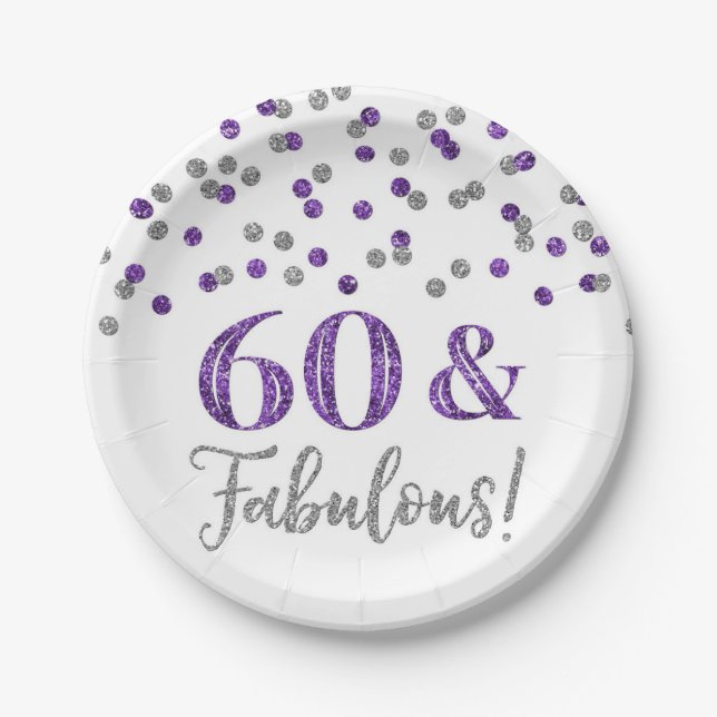 Assiettes En Carton Confetti en argent violet 60 et fabuleux (Devant)