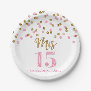 Assiettes En Carton Confetti Mis D'Or Rose 15 Quincennera