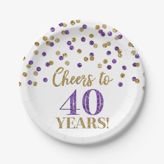 Assiettes En Carton Confetti violet doré, 40 ans d'anniversaire (Devant)