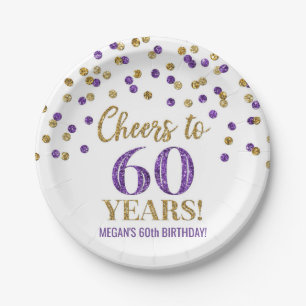 Assiettes En Carton Confetti violet doré, 60 ans d'anniversaire