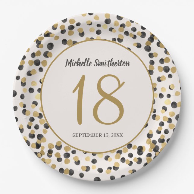 Assiettes En Carton Confettis Pailletés Or Noir 18e Anniversaire (Devant)