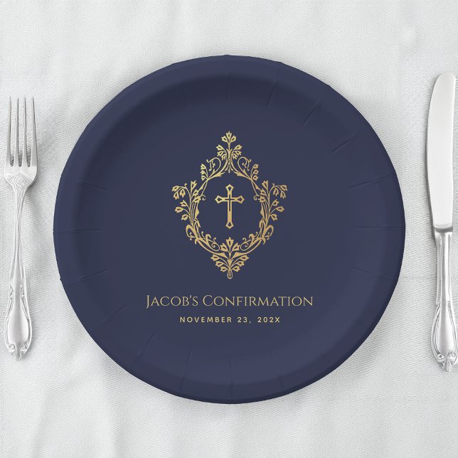 Assiettes En Carton Confirmation de garçon bleu marine croix en faux o (Créateur téléchargé)