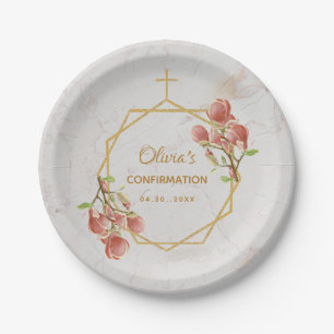 Assiettes En Carton Confirmation Fille Marbre rose Magnolia Géométriqu