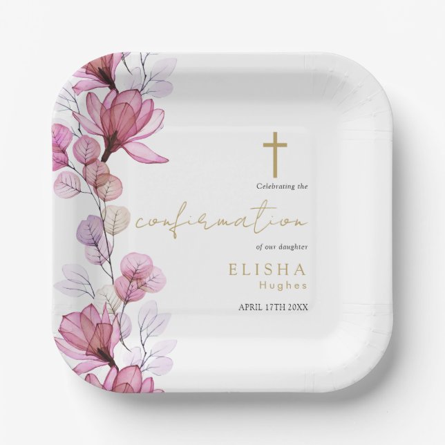 Assiettes En Carton Confirmation florale transparente de Dusty Rose (Recto)