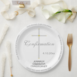 Assiettes En Carton Confirmation NOMS Triplet Croix Argent