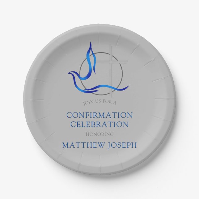 Assiettes En Carton Confirmation trendy Blue and Grey Cross Dove (Devant)