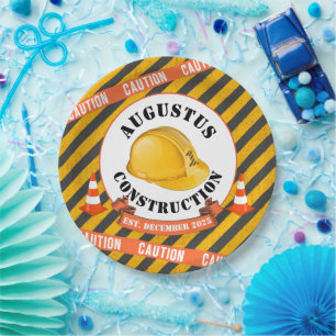Assiettes En Carton Construction Casquette Noir & Jaune 1er anniversai