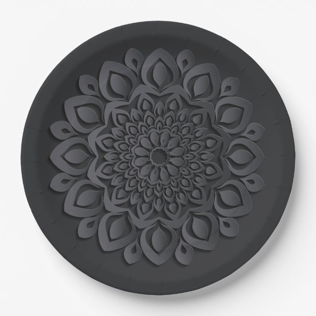 Assiettes En Carton Contemporain Coupe de papier noir Mandala (Devant)