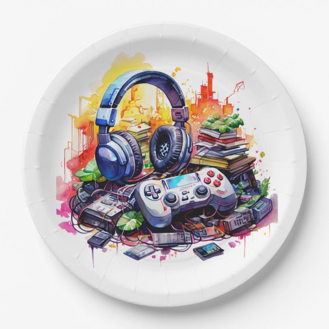 Assiettes En Carton Contrôleur vidéo et casques pour l'anniversaire du (Devant)