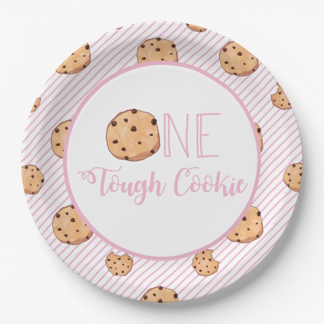 Assiettes En Carton Cookie dur et rayures roses Anniversaire (Devant)