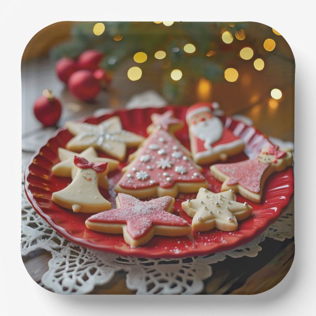 Assiettes En Carton Cookies de Noël sur une plaque rouge (Recto)