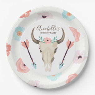 Assiettes En Carton Cool Boho Floral Vache Crâne