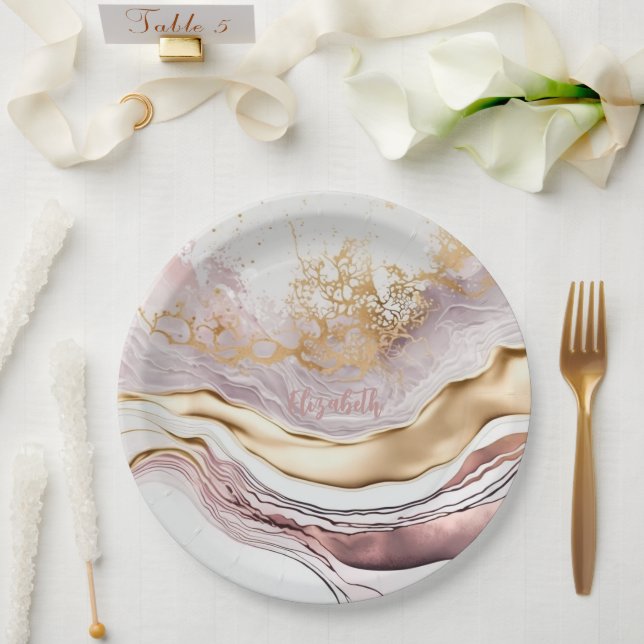 Assiettes En Carton Cool en marbre rose pierre or (Mariage)
