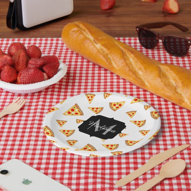Assiettes En Carton Cool et fun pizza tranches motif Monogram blanc (Pique-nique)