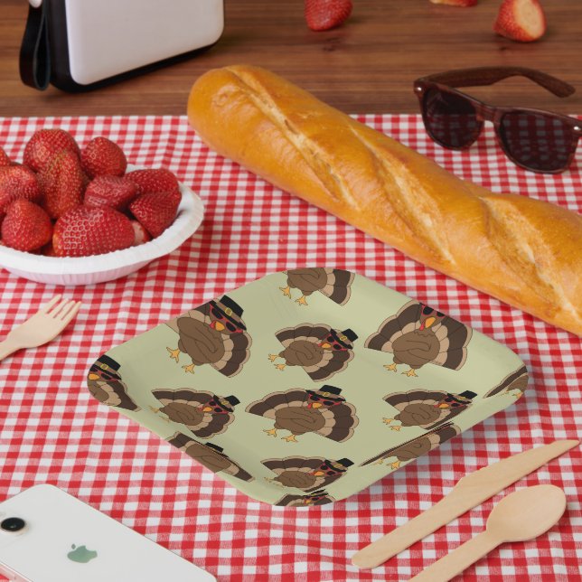 Assiettes En Carton Cool Turquie Thanksgiving fun brun vert motif (Pique-nique)