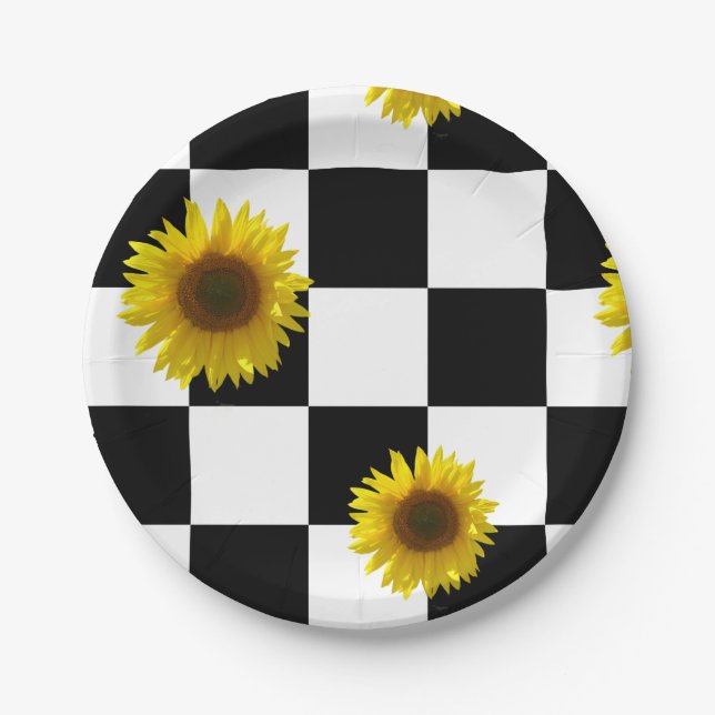 Assiettes En Carton Copie noire et blanche Checkered et de tournesol (Devant)