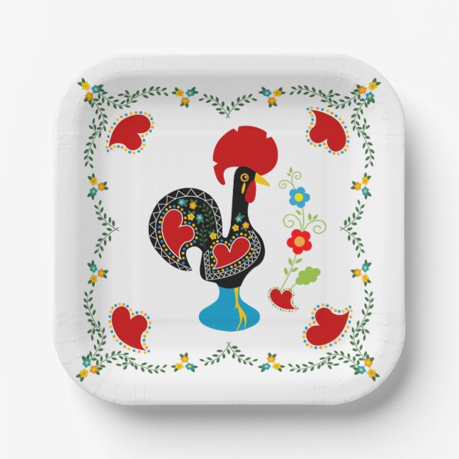 Assiettes En Carton Coq traditionnel du Portugal en noir (Recto)
