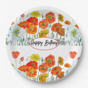 Assiettes En Carton Coquelicot Orange Rouge Fleur Aquarelle Anniversai