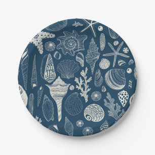Assiettes En Carton Coques de mer sur bleu foncé