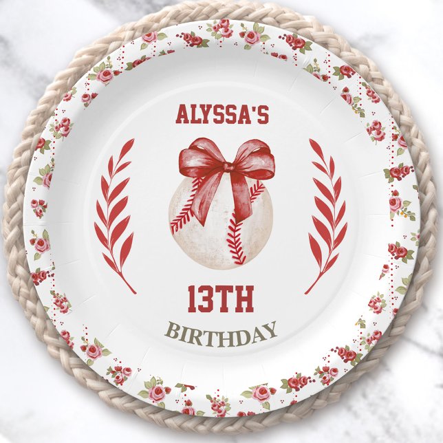 Assiettes En Carton Coquette Baseball Red Bow Floral (Coquette Baseball Red Bow Floral Modern Birthday Paper Plates)