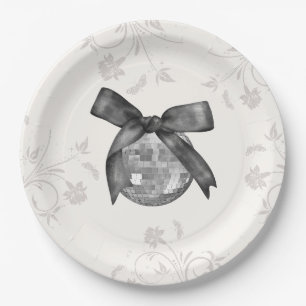 Assiettes En Carton Coquette Black Bow & Disco Ball Elégant Anniversai