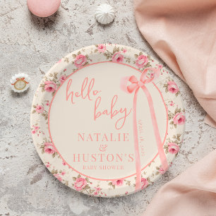Assiettes En Carton Coquette Blush Pink Bow Floral Baby shower personn