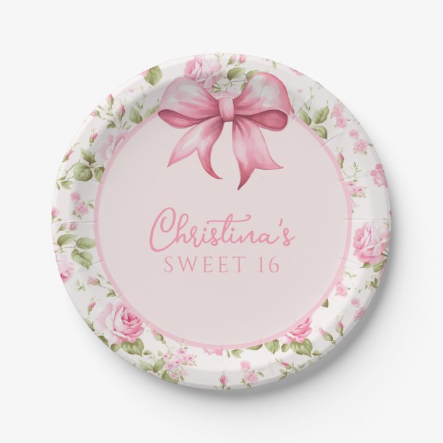 Assiettes En Carton Coquette Bow rose Sweet 16 (Devant)