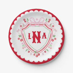 Assiettes En Carton Coquette Cherry Monogram Crest Fête des mariées
