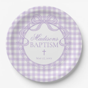 Assiettes En Carton Coquette en Gingham Violet pour Baptême