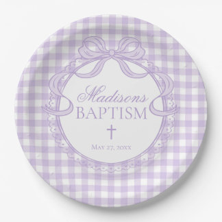 Assiettes En Carton Coquette en Gingham Violet pour Baptême