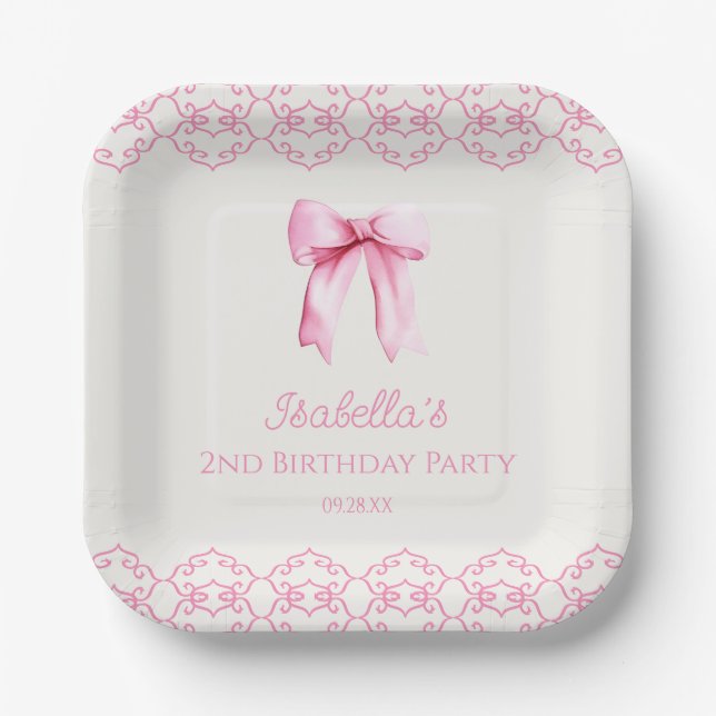 Assiettes En Carton Coquette rose Bow fête d'anniversaire (Recto)