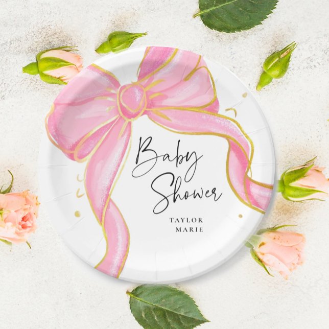 Assiettes En Carton Coquette rose moderne Bow Baby shower fille (Créateur téléchargé)