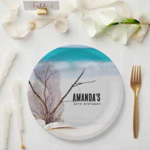 Assiettes En Carton Coquillages blancs sur une plage tropicale Anniver