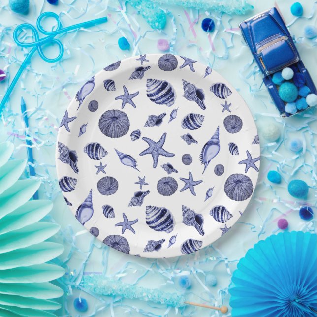 Assiettes En Carton Coquillages bleus et blancs (Fête)